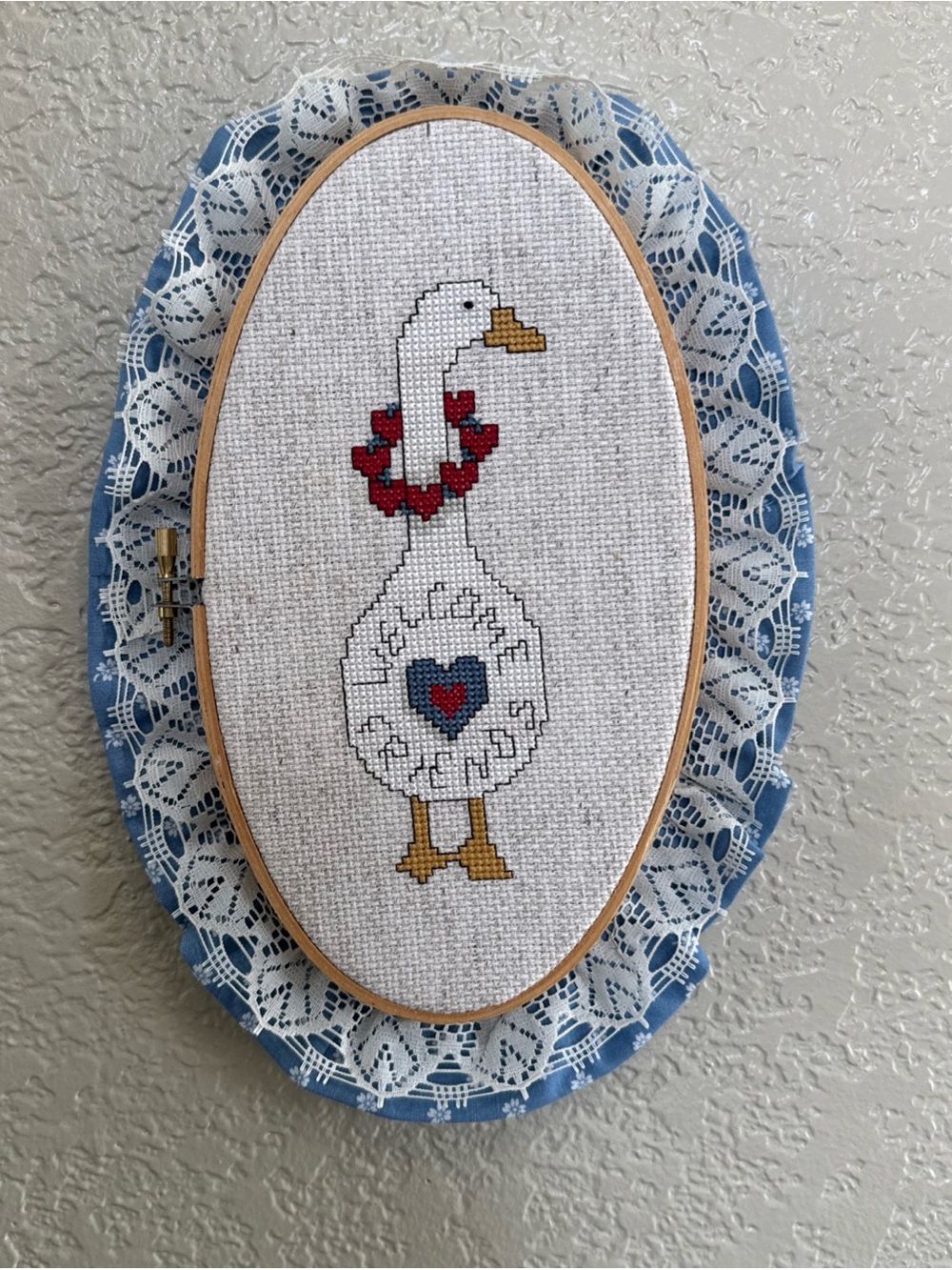 Welcome friends goose art cottage core cross stitched hoop frame with lace